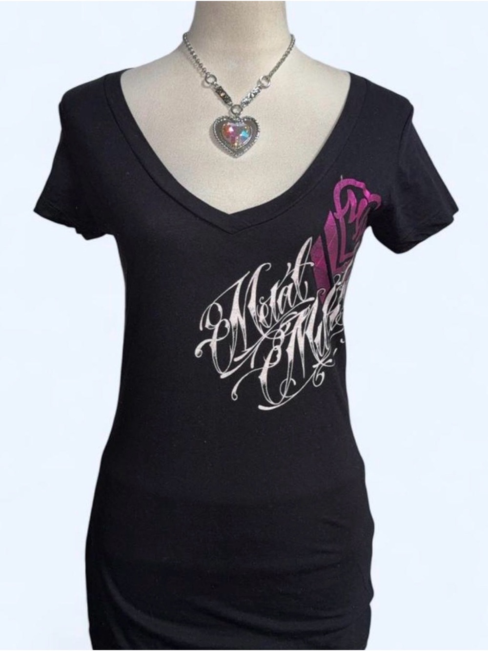 Metal Mulisha Black V-Neck Tee with Pink Script